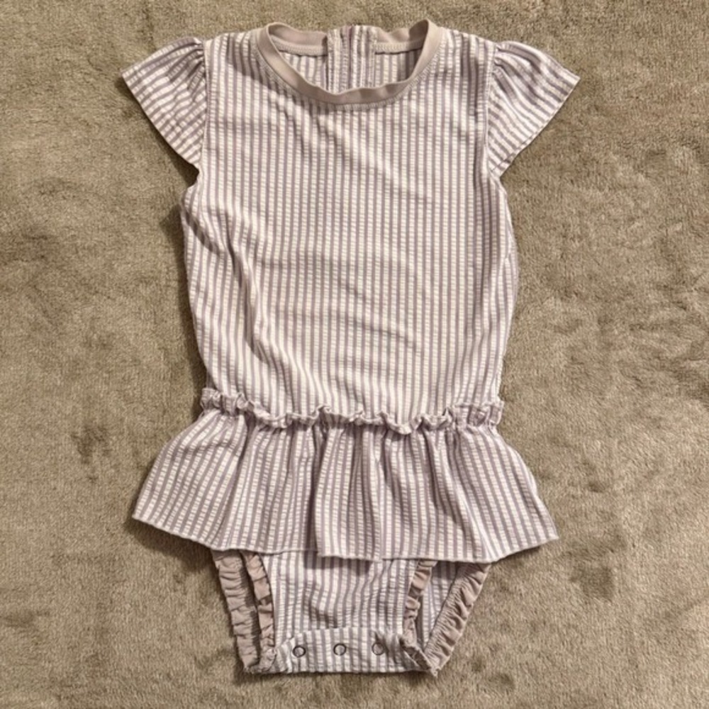 RuffleButts Girls Lavender Seersucker Stripe One Piece Swimsuit 3T